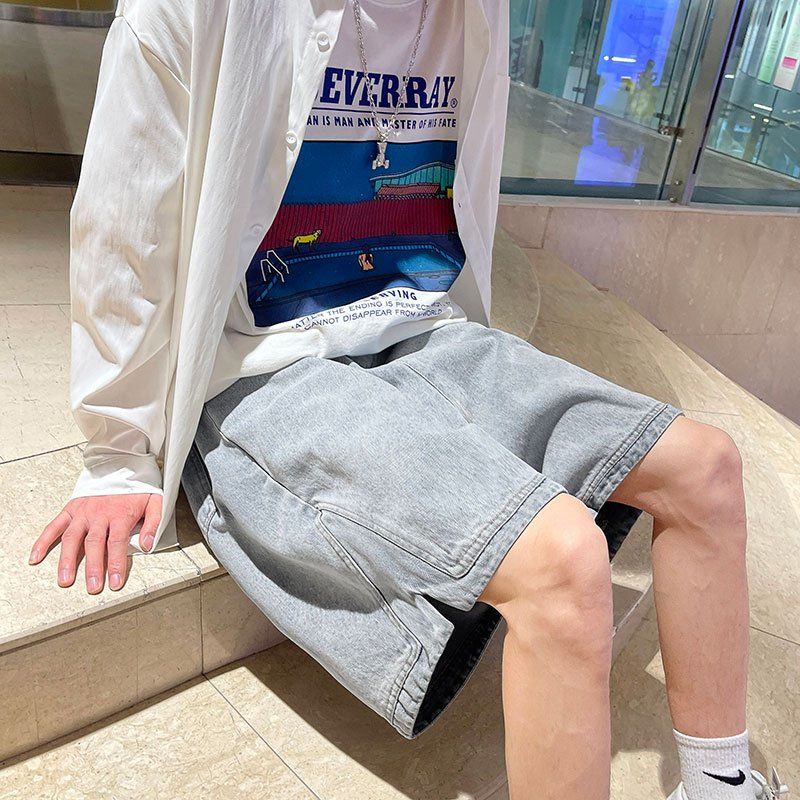 Quần Short Denim Dáng Rộng Lưng Thun Co Giãn Tốt Thiết Kế Xẻ Tà Thời Trang Mùa Hè Cho Nam