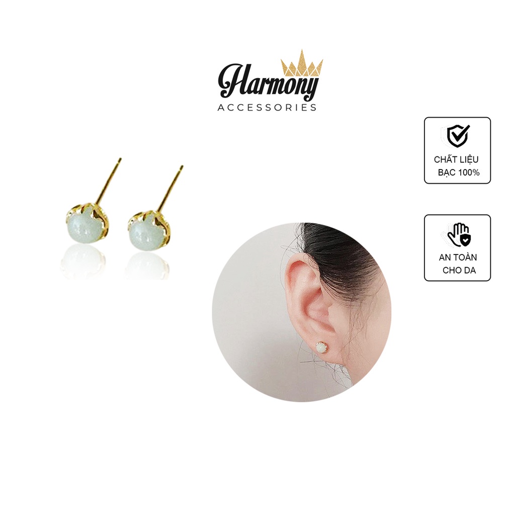 Bông tai, Khuyên tai nữ bạc mạ vàng mặt ngọc bích nhân tạo nhỏ đơn giản, xinh xắn, cực sang K191 TRANG SỨC BẠC HARMONY