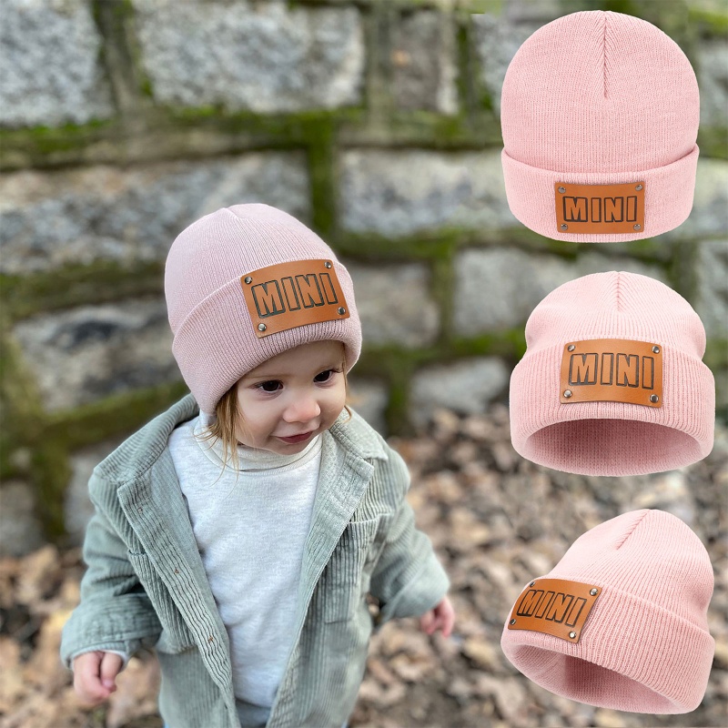 Mũ Len Beanie Dệt Kim Giữ Ấm Mùa Thu Đông Với Nhãn Dán Bằng Da Cho Mẹ Và Bé