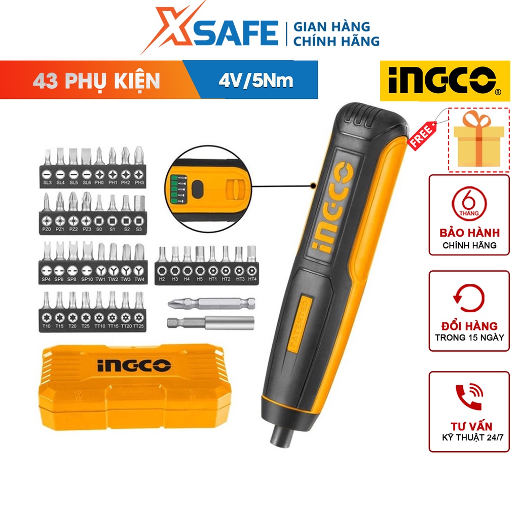 Máy bắn vít dùng pin Ingco CSDLI0403 4V, lực siết 5Nm, có đèn led, cảm ứng lực, kèm 43 phụ kiện