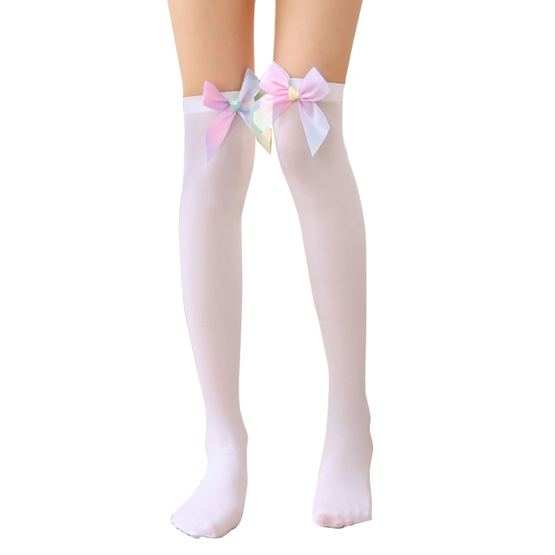 Tất Nhung Dài Qua Gối Đính Nơ Màu Cầu Vồng Phong Cách Lolita Dễ Thương Cho Nữ