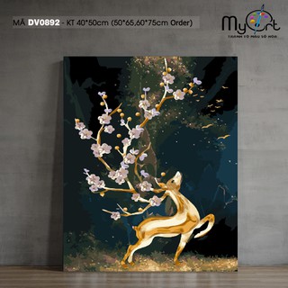 Tranh sơn dầu số hóa tô màu theo số Myart Tranh hươu nai tuần lộc Hươu vàng sừng hoa DV0892