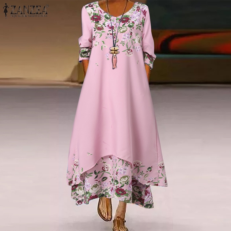 Đầm ZANZEA dáng dài cổ tròn in họa tiết phong cách vintage Châu Âu cho nữ