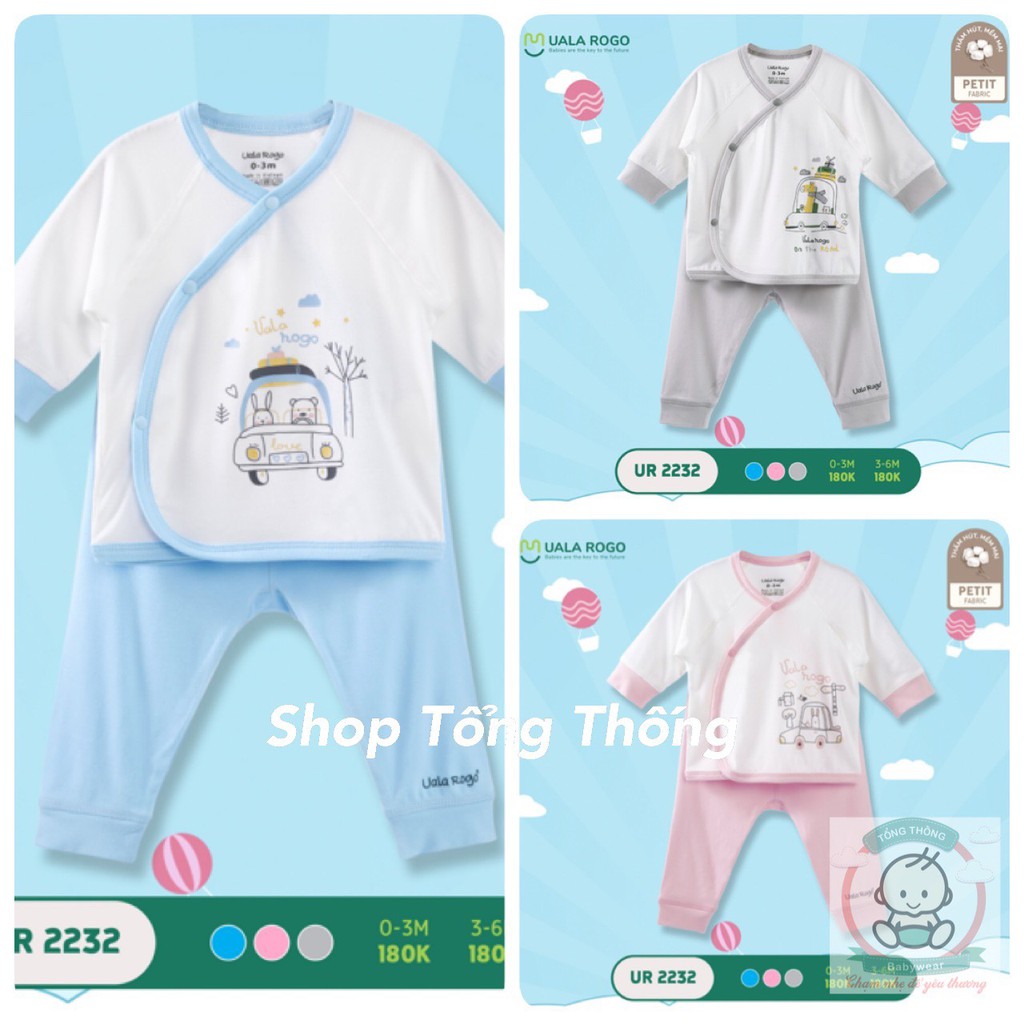 Bộ Uala Rogo petit mềm mịn cao cấp thấm hút tốt dài tay sơ sinh cài chéo trơn viền in thỏ xinh bé trai bé gái 2232