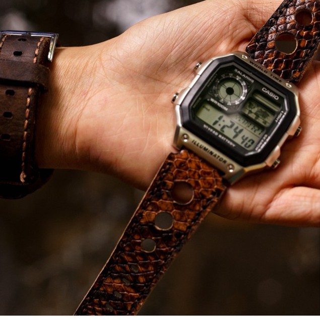 Dây đồng hồ RAM Leather cho CASIO 1200, AE 1200, 1300, 1100, A159 , A168 , Size 18 da dê thật cao cấp RAM Leather 1995