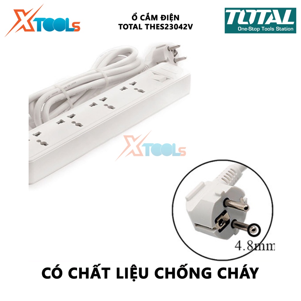 Ổ cắm điện TOTAL THES23042V ổ cắm 3 chấu 4 ổ cắm mở rộng, Dòng điện tối đa 13A, Dây điện 3 mét 3*1.25mm2 lỗ cắm có màng