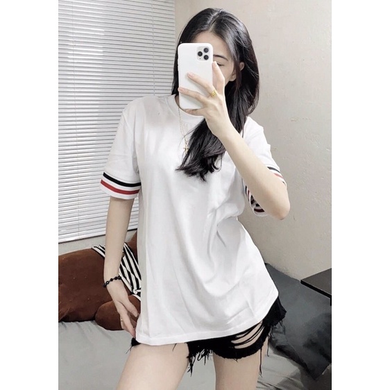 Áo phông Thom sọc ống tay unisex tay lỡ girl cháy phố Video Cận Chất