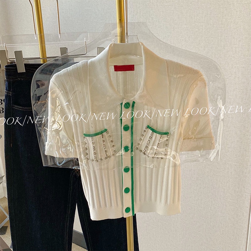 Áo cardigan Dệt Kim Cổ Polo Màu Trắng Phong Cách Phương Tây Thời Trang Cho Nữ
