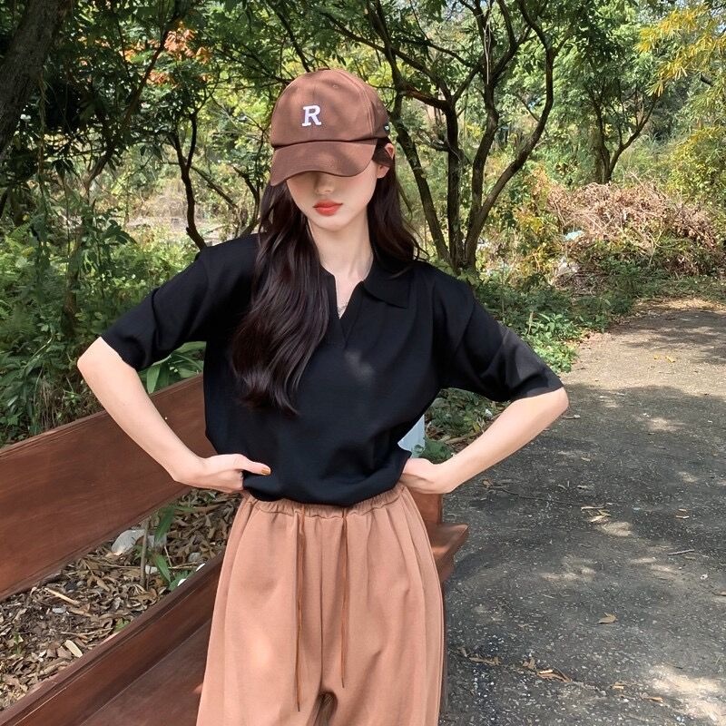 NZN Áo Thun polo Dệt Kim Tay Ngắn Cổ Chữ v Màu Sắc Trơn Thời Trang Mùa Hè Có 4 Màu Dành Cho Nữ