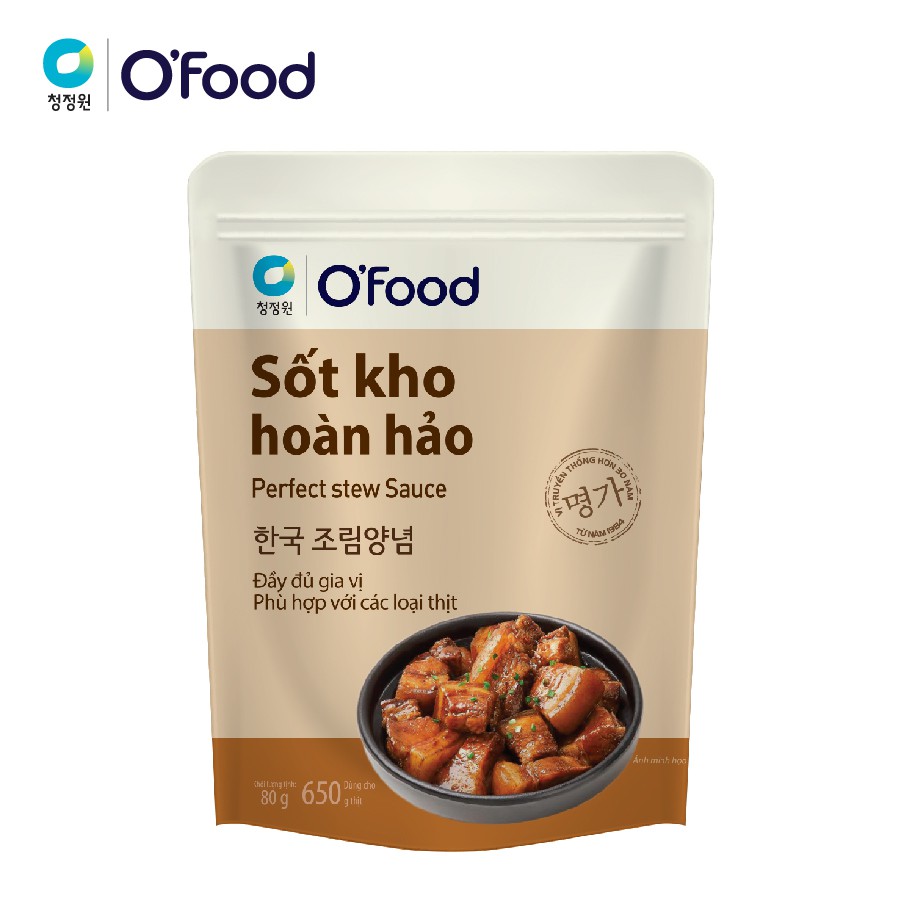 Sốt kho hoàn hảo O'Food gói 80g, chỉ cần ướp và kho, lên màu bóng đẹp, chuẩn vị dùng cho 650g thịt heo, bò, gà, cá