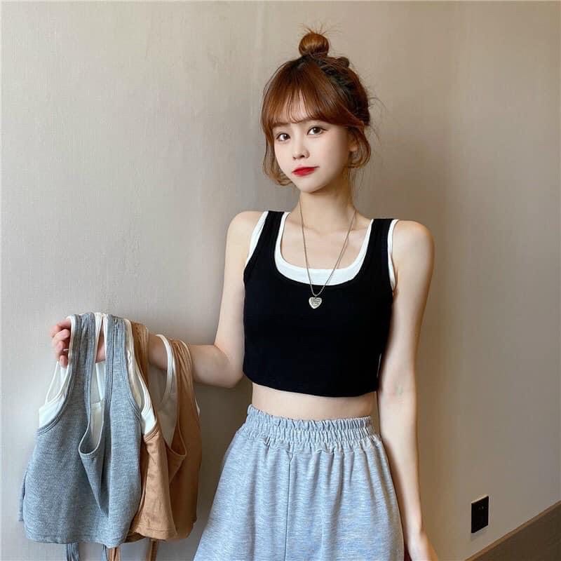 Áo bra nữ, ba lỗ dáng croptop 2 lớp có đệm ngực 2 trong 1