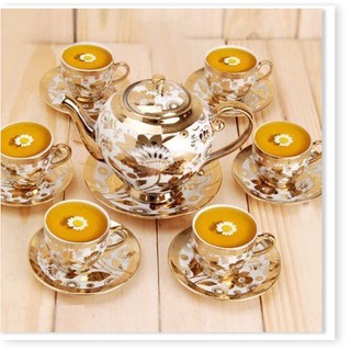 Bộ tách trà hoa văn nhũ vàng hoàng gia cao cấp - bộ ấm trà 6 ly siêu sang - tách trà