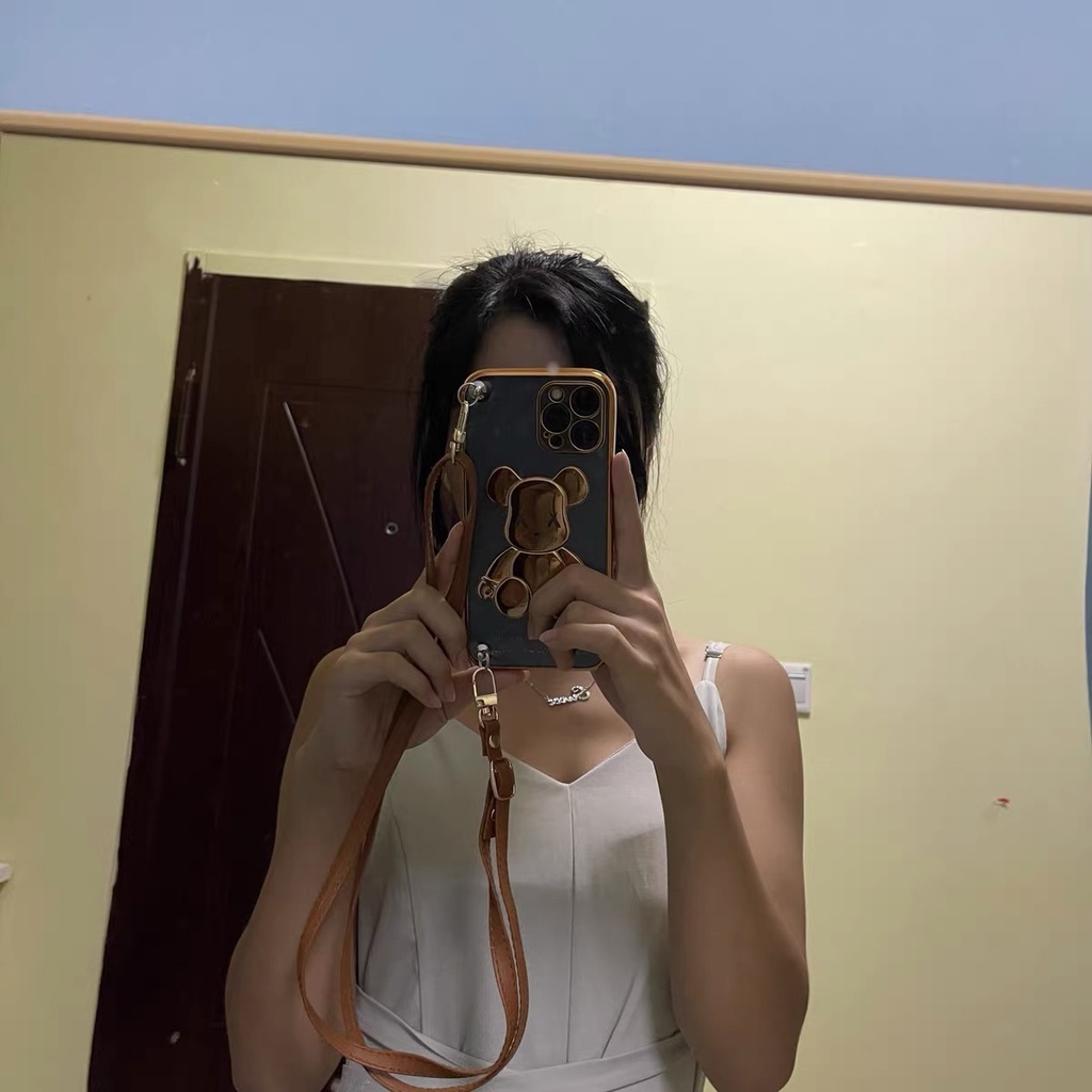 Ốp điện thoại in hình gấu có dây đeo thích hợp cho iPhone ins 13 pro max 12 pro max 11 pro max xs max xr x 7 8 plus