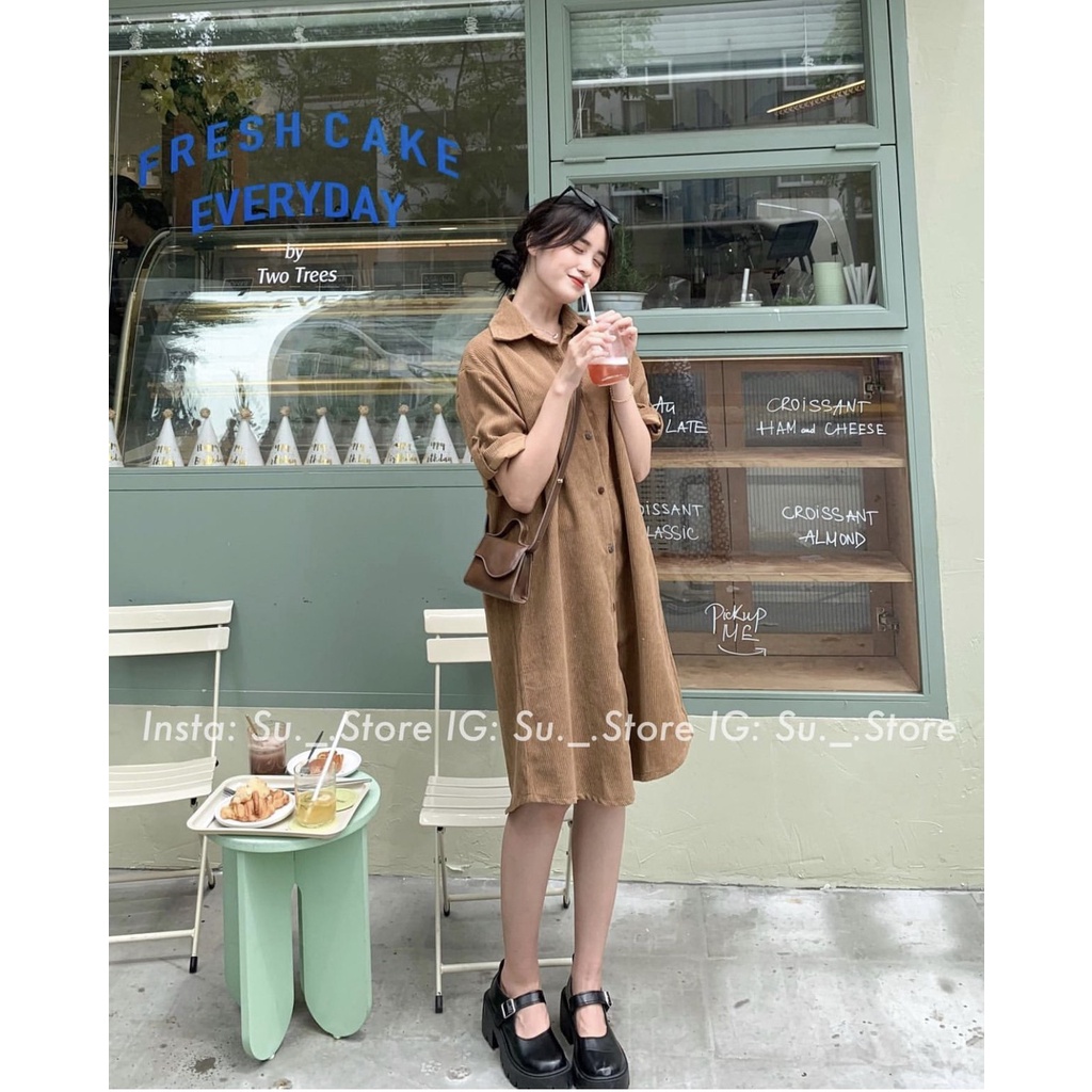 Váy sơ mi nhung tăm dáng Hàn oversize 2022