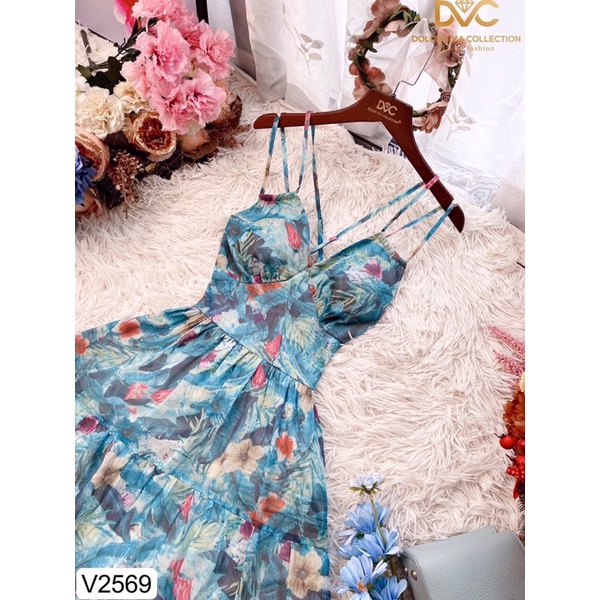 V2569 váy maxi hoa xanh