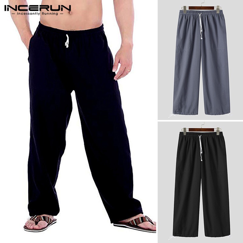 Quần Dài INCERUN Ống Rộng Lưng Thun Màu Trơn Dây Rút Cá Tính Cho Nam