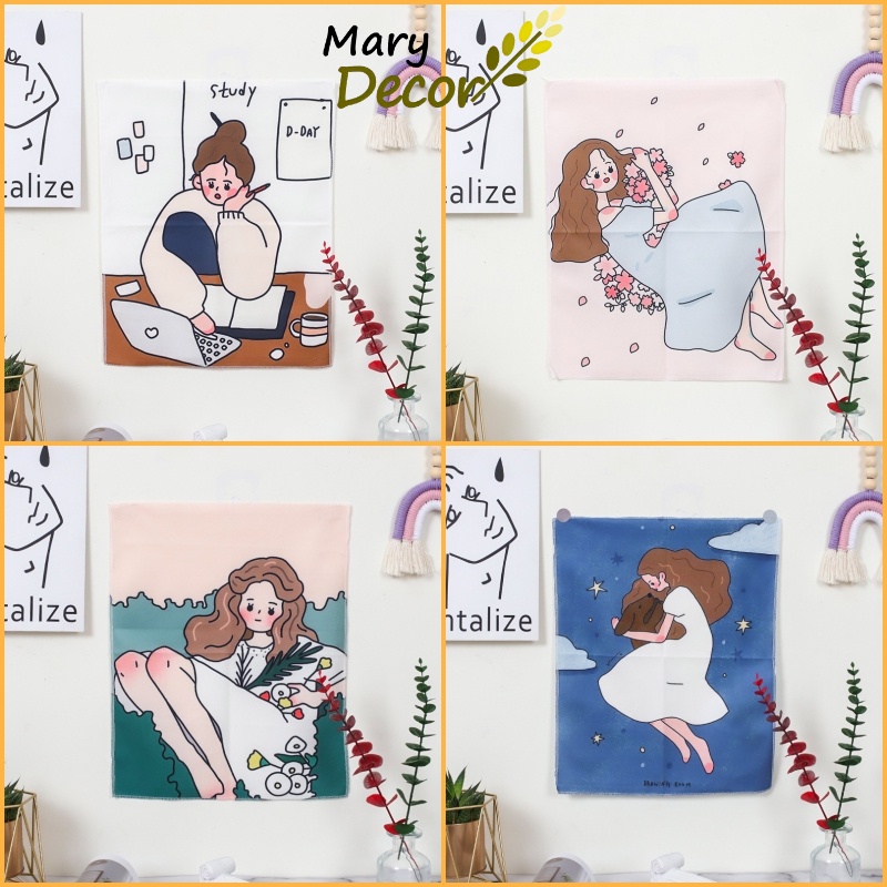 Sticker dán / Tấm tranh vải treo tường hình cô gái dễ thương trang trí cho phòng ngủ 32cm x 41 cm - Mary Decor