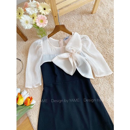 Váy đầm nữ ngắn tay công sở dáng chữ A phối tơ óng cao cấp Suzy Dress YAME