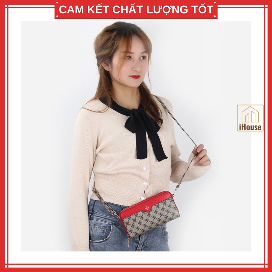 Ví cầm tay nữ kèm dây đeo vai cao cấp Baellerr.y, Cluth clutch dài cầm tay nữ bằng da họa tiết L.V trẻ trung và cute