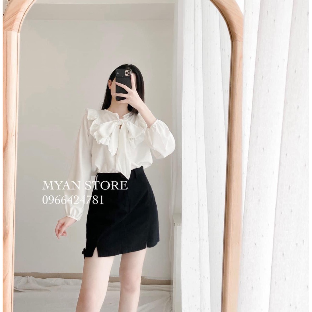 Set áo sơ mi cổ nơ mix chân váy