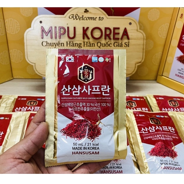 Nước Hồng Sâm Nhụy Hoa Nghệ Tây Saffron Hasusam Hàn Quốc Hộp 30 Gói * 50ml