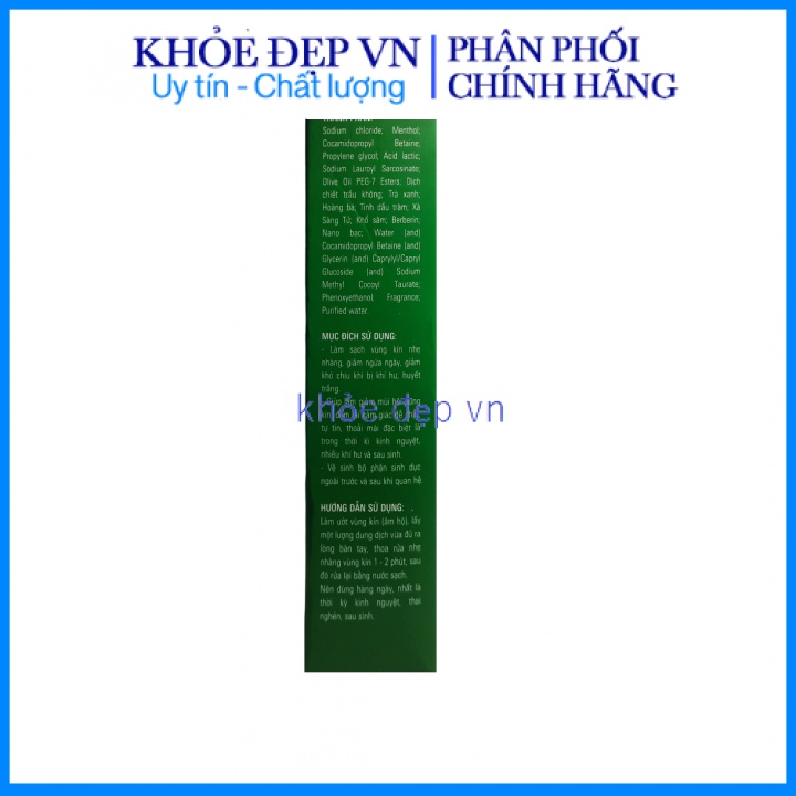 Dung dịch vệ sinh trầu không xanh- khổ sâm, nano bạc, làm sạch, kháng khuẩn, ngăn mùi – Chai 150ml