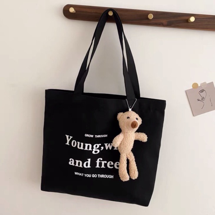 Túi vải canvas cao cấp Young Wild And Free khổ vuông phong cách Hàn Quốc