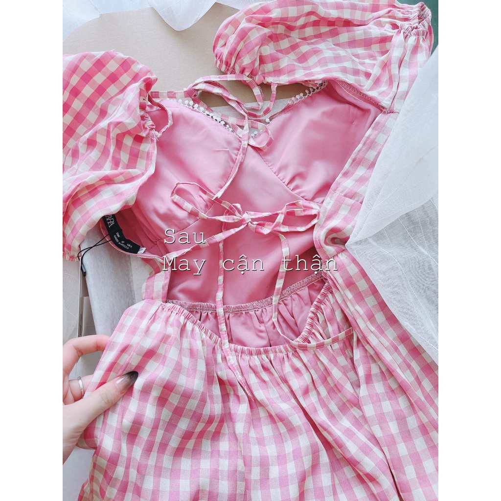 Váy kẻ hồng đầm 3 tầng 2 lớp có độn ngực maxi tay ngắn hở lưng đi biển siêu xinh-Minxy shop | BigBuy360 - bigbuy360.vn