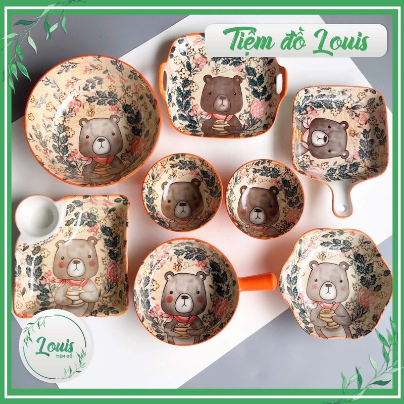 Bộ Bát Đĩa Decor Chén Dĩa Sứ Ăn Cơm Hoạ Tiết Gấu Cam Cute Decor Phong Cách Bắc Âu