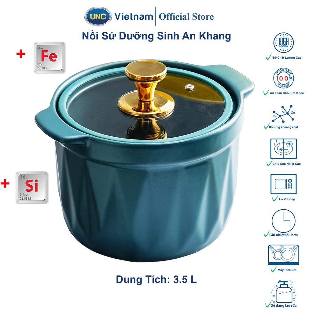 Nồi Sứ Dưỡng Sinh An Khang UNC Việt Nam - Bổ sung vi chất Fe, Si, giữ chọn hương vị, kiểu dáng hiện đại, Dung tích 3.5L