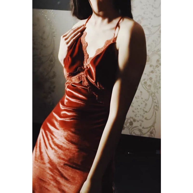 Đầm Ngủ LEOSOXS Hai Dây Vải Nhung Phối Ren Hở Lưng Thời Trang Gợi Cảm Cho Phái Nữ