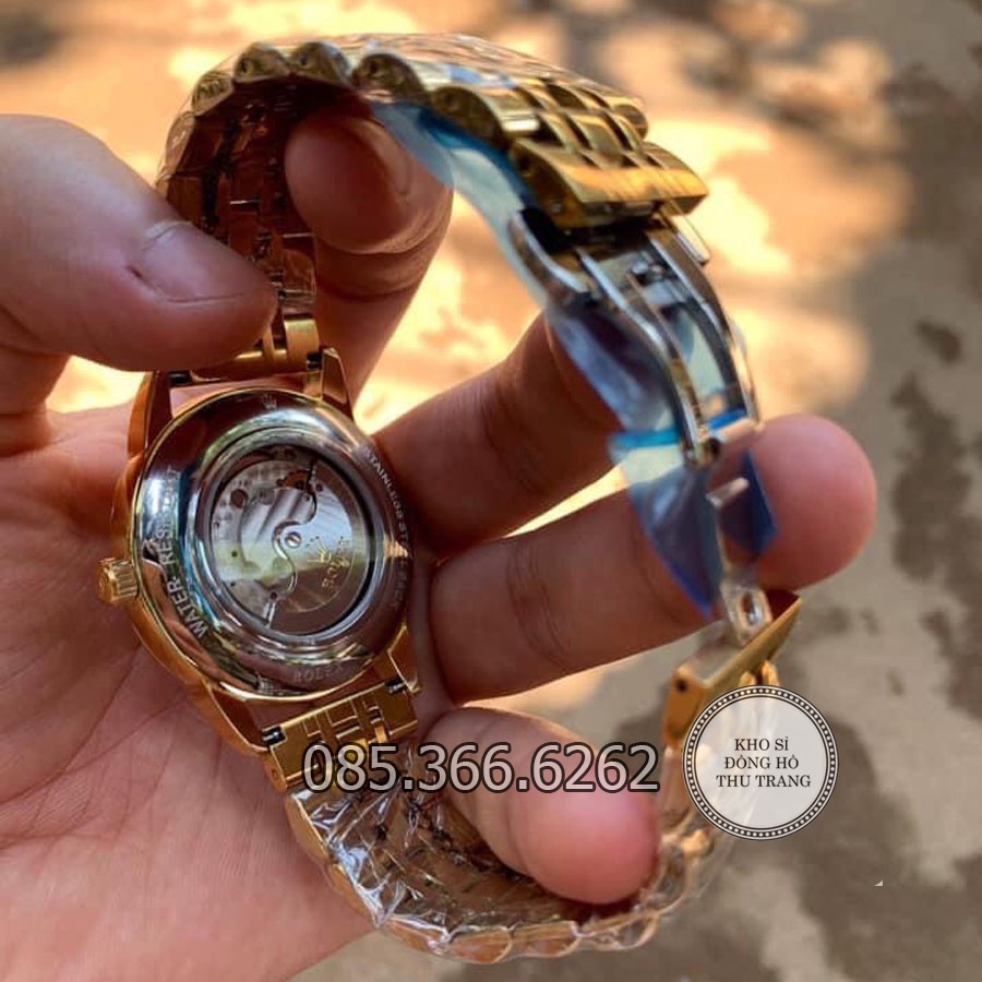 Đồng hồ nam Rolex cơ Automatic máy Nhật mẫu 3 kim trắng viền vàng cắt vát kim cương size 40-41mm