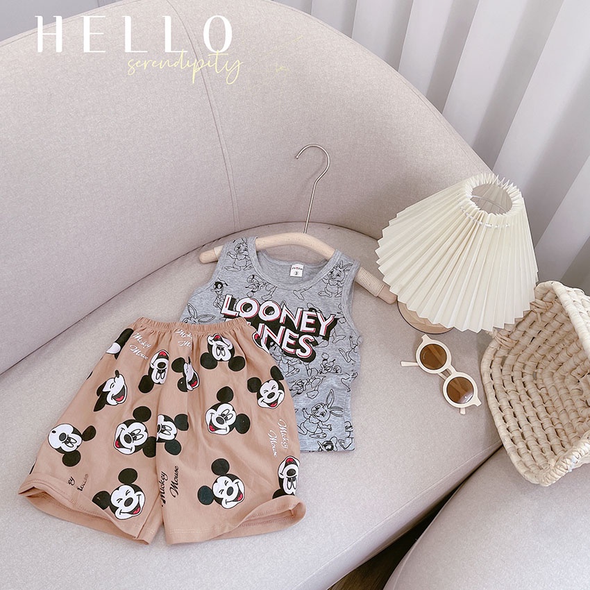 Bộ Quần Áo Trẻ Em 3 Lỗ In Hình Micky TUNES Vải Cotton Tàu Dễ Thương Cho Bé Từ 7-19kg Mã BL34