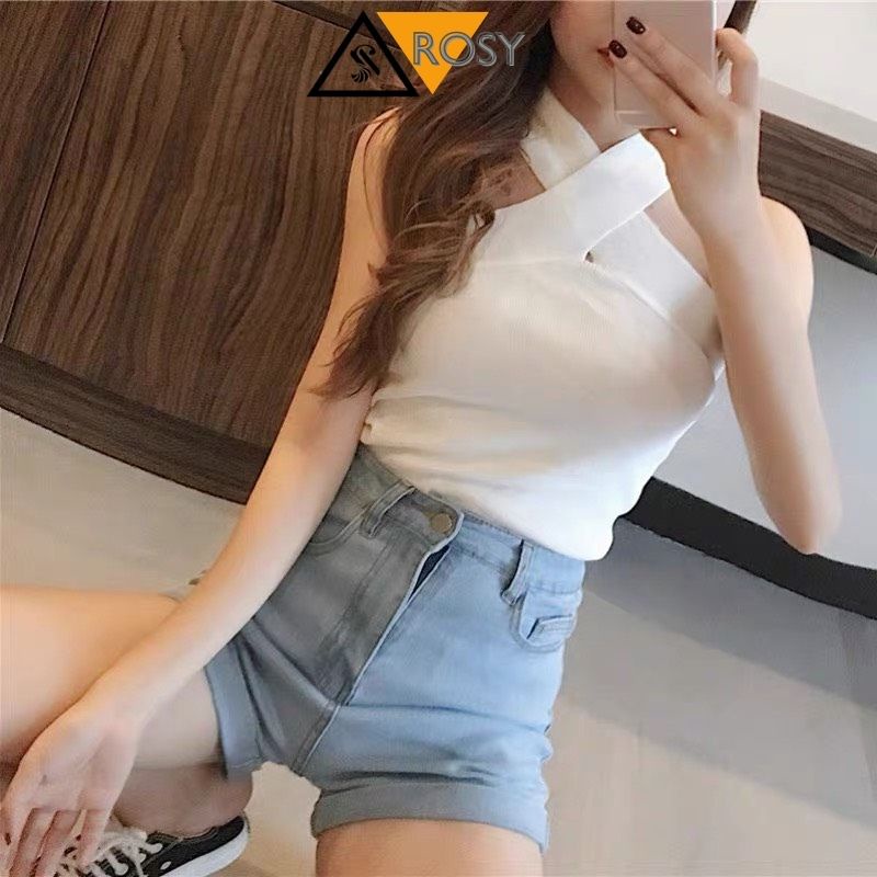 Áo kiểu nữ croptop cổ yếm chất thun ôm người siêu xinh