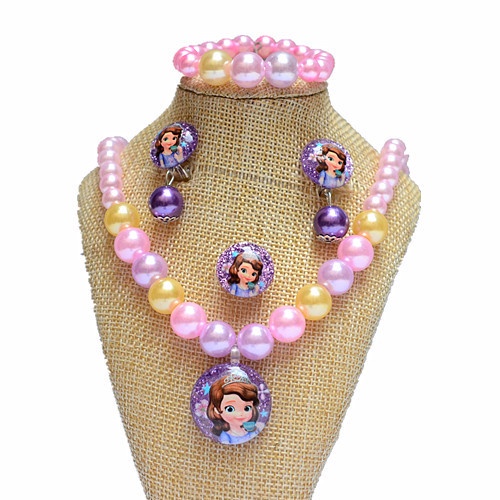 Bộ Trang Sức 5 Món Gồm Vòng cổ / Vòng Tay / Nhẫn / Bông Tai Đính Ngọc Trai Nhân Tạo Hình Công Chúa Frozen Dễ Thương Cho Bé Gái