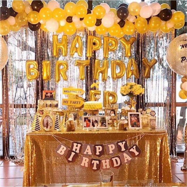 Set Bóng Sinh Nhật 2 Rèm Kim Tuyến, Bóng Chữ Happy Birthday Và 50 Bóng Nhũ (Tặng kèm bơm+keo dán)