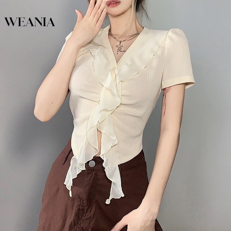 Áo Thun Ngắn Tay Phối Bèo Thời Trang Cho Nữ