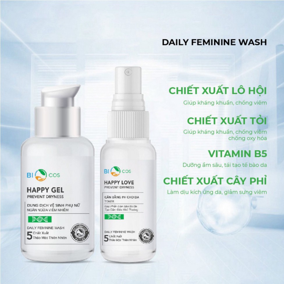 Bộ Dung Dịch Vệ Sinh BIOCOS - Happy Gel và Happy Love 200ml - Khử Mùi, Diệt Khuẩn, Cân Bằng pH, An Toàn Cho Làn Da