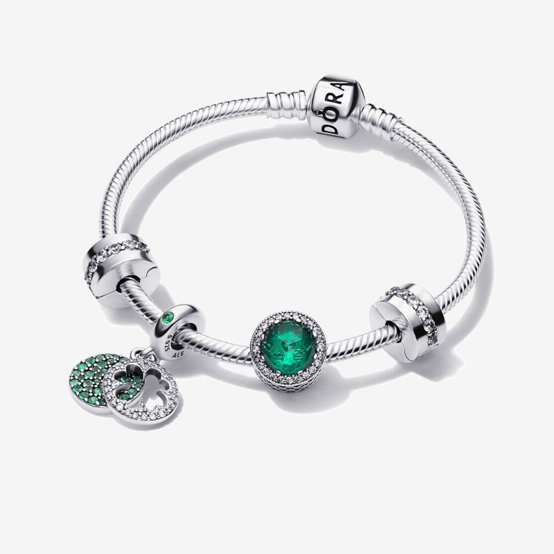 Bộ Vòng Tay Cỏ Bốn Lá Màu Xanh Lá Cây Với Hộp Pandora