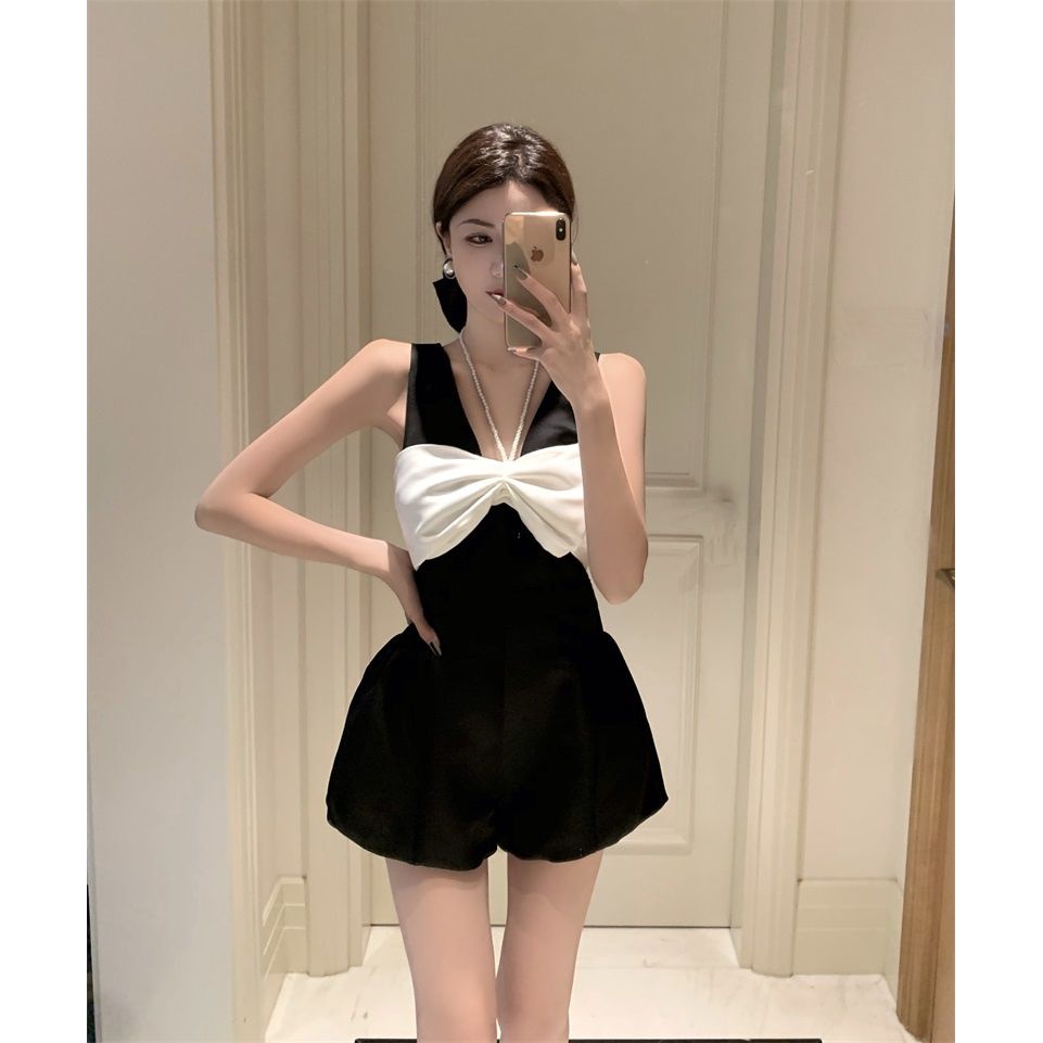 Bán Chạy!Bộ Áo Liền Quần Không Tay Đính Nơ Ngọc Trai Đen/Trắng Thời Trang Mùa Hè Cho Nữ