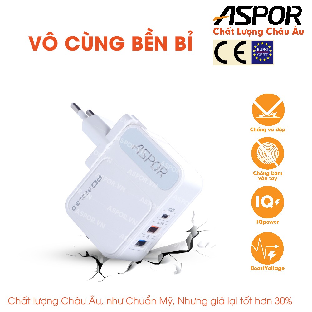 Cốc sạc ASPOR 1 Cổng PD- 2 cổng USB quick charge 3.0  30W - A838PD