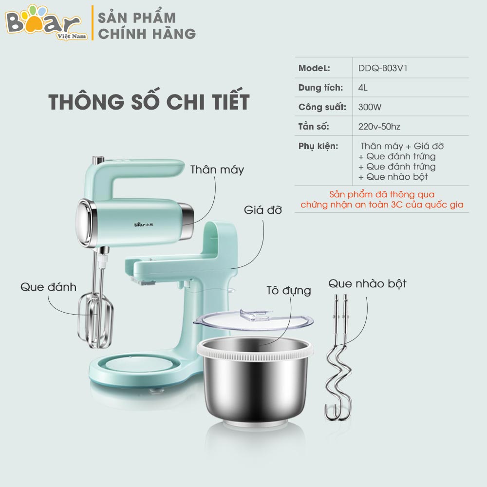 MÁY TRỘN BỘT ĐÁNH TRỨNG CẦM TAY VÀ ĐỂ BÀN 9 MỨC ĐỘ - BẢN NỘI ĐỊA - BẢO HÀNH 18 THÁNG - CHÍNH HÃNG BEAR DDQ-B03V1