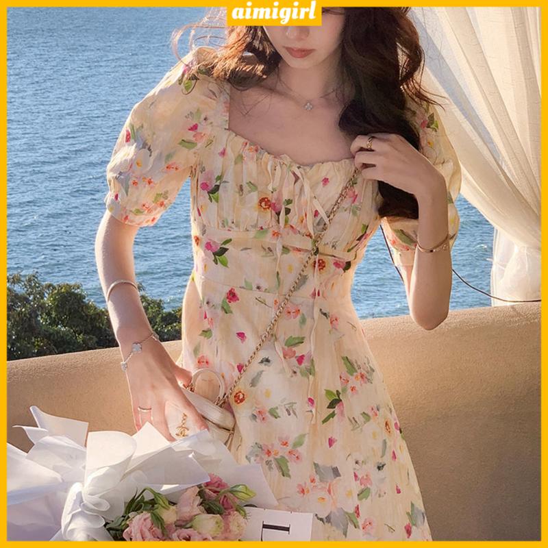 Đầm Tay Ngắn Phồng Cổ Vuông Họa Tiết Hoa Phong Cách Retro Pháp Mới Cho Nữ