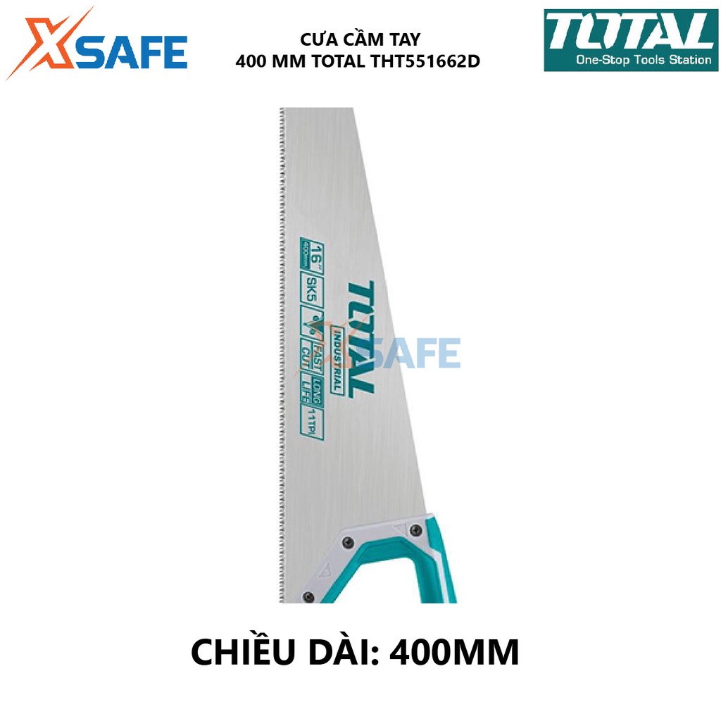 Cưa gỗ cầm tay Total THT551662D | Kích thước 16 inch/400mm. Chất liệu Mangan 65mn 7TPI. Răng cưa 3 cạnh