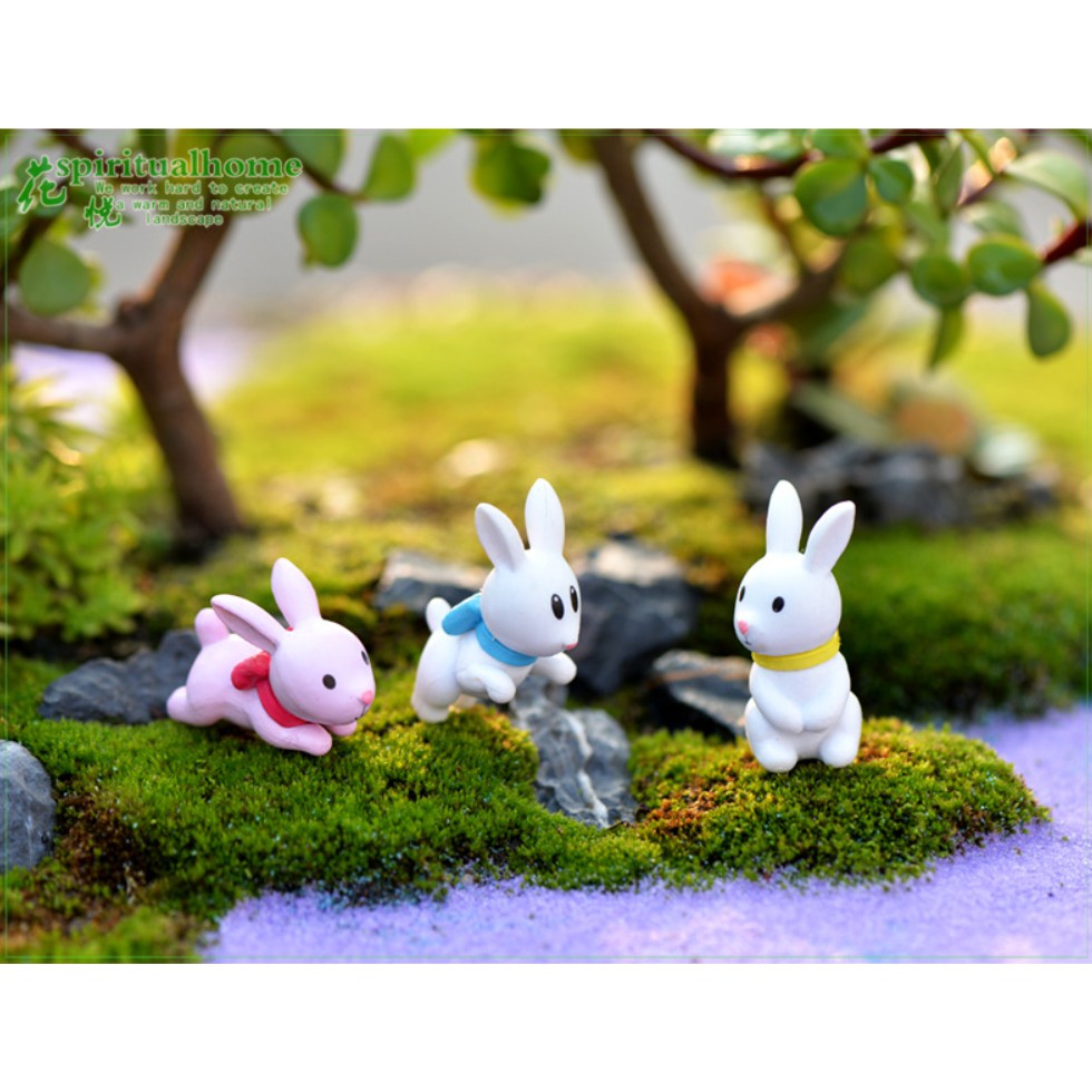 Combo 04 thỏ trắng hồng trang trí bonsai, tiểu cảnh và nhà búp bê