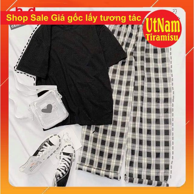 Sét bộ nam nữ áo phông Trơn + quần kẻ❤ sét trang phục unisex giá rẻ