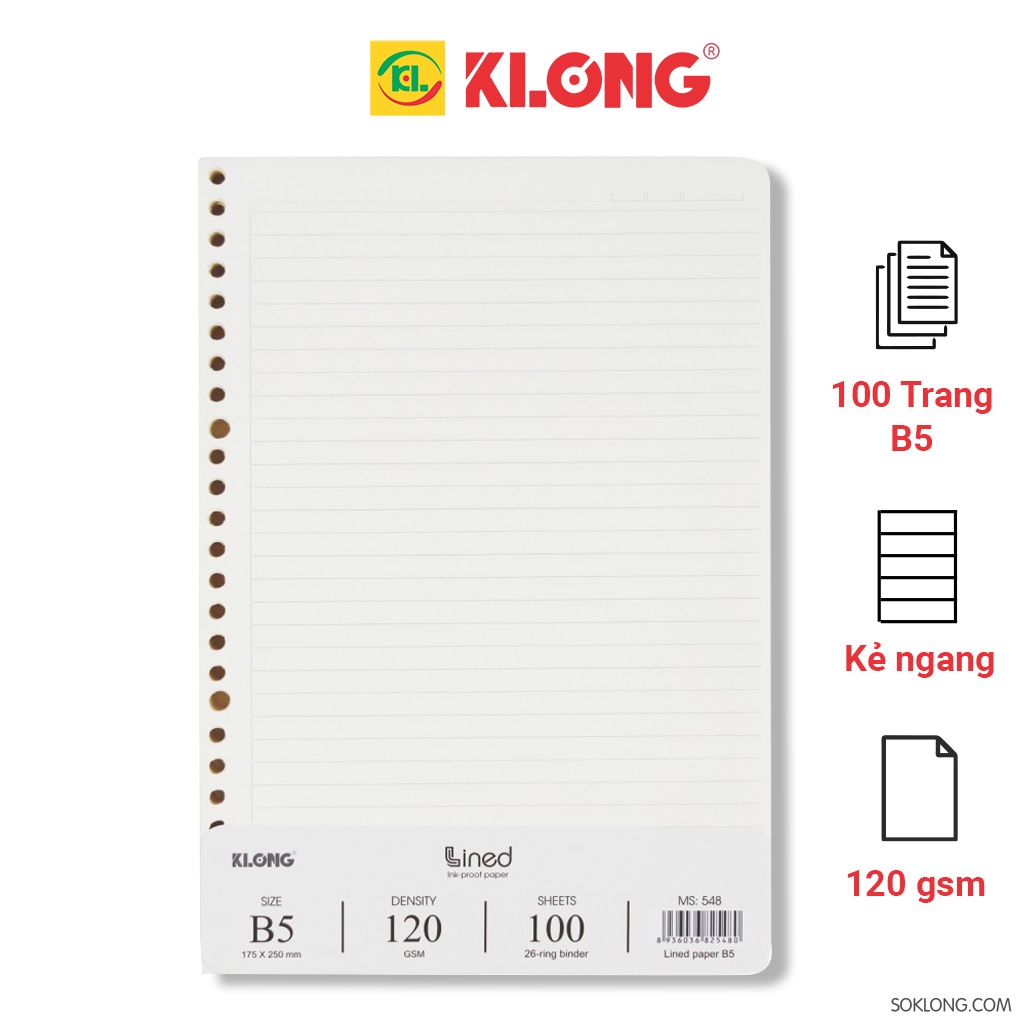 Ruột sổ còng B5 kẻ ngang 100 tờ 200 trang, giấy refill binder Klong MS 548