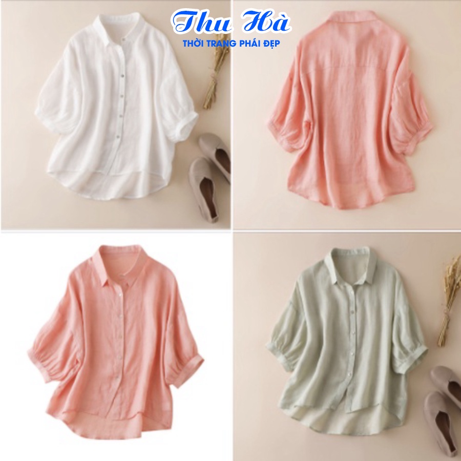 Áo sơ mi đũi nữ tay lỡ cổ đức form rộng bigsize Thu Hà chất liệu vải mềm mát SMH.38