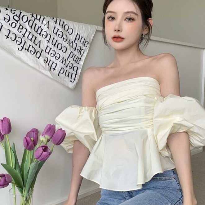 [MURIOKI] Áo Croptop Trễ Vai Tay Phồng Phong Cách Pháp Thời Trang Cho Nữ 2022