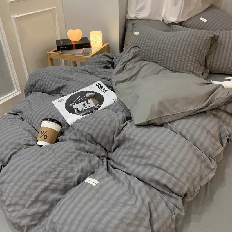 Bộ ga gối và vỏ chăn Cotton Tici Dúm Kẻ Sọc mẫu Ghi Full Decor Home